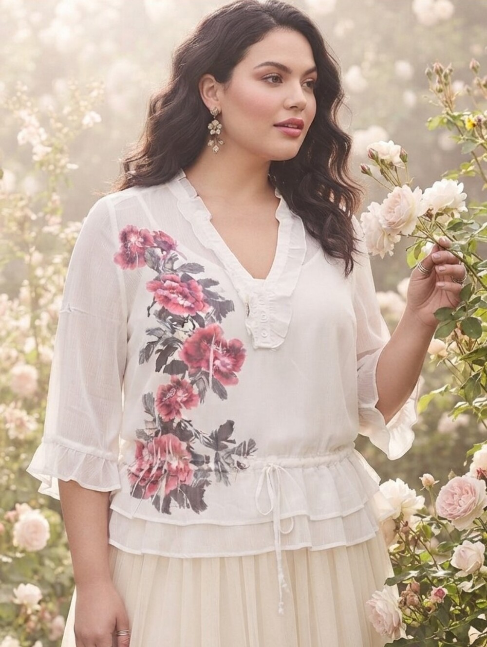 🌸 AB Studio Floral Ruffle Blouse with Drawstring Waist - Size XL